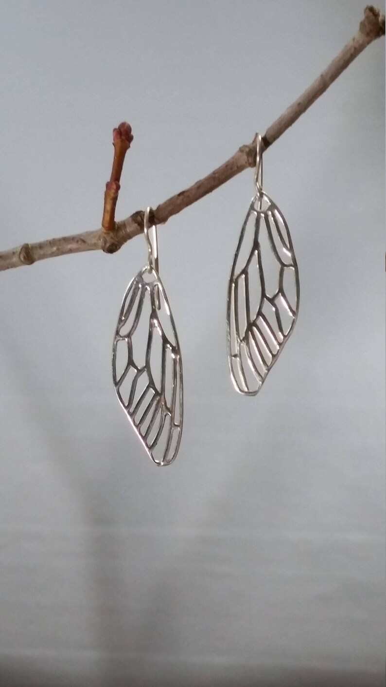 May include: Silver earrings with a delicate, intricate design resembling a dragonfly wing.