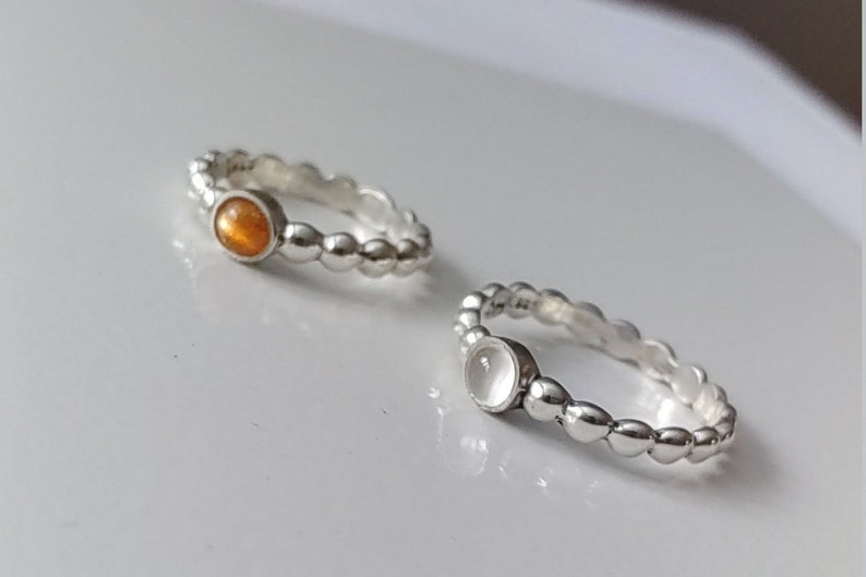 Sunstone dainty silver ring Delicate solitaire stackable ring with natural stone Half beaded all around. Natural Moonstone 4mm