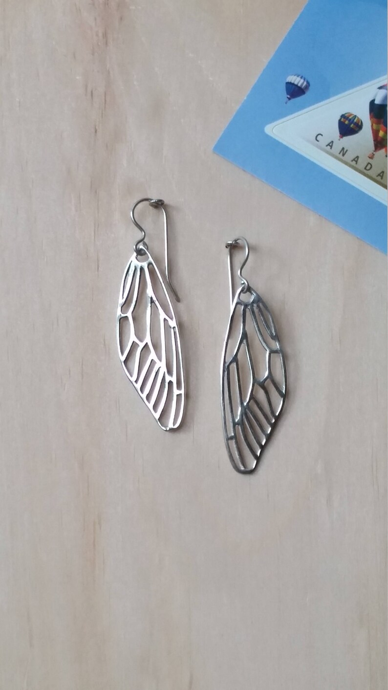 May include: A pair of silver butterfly wing earrings. The earrings are made of a delicate, openwork design and hang from silver hooks.