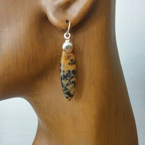 May include: A pair of dangle earrings with a silver hook and a brown and black agate stone pendant.