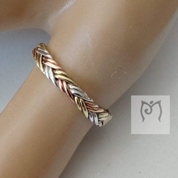 Silver, Brass and Copper braided ring. Mixed metal three colors band. Thumb ring, Stackable neutral ring.