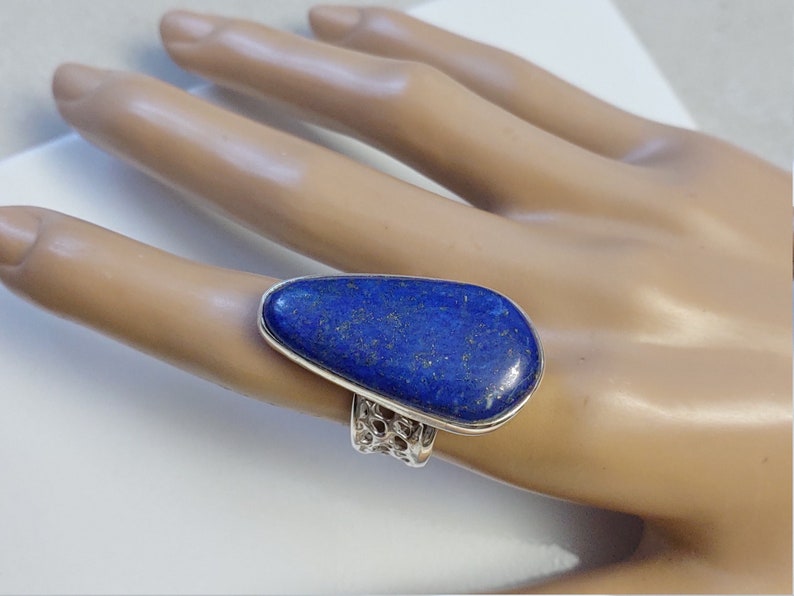 Extra long Lapis Lazuli silver ring. Beautiful blue popular Lapis with pyrite dots. Round triangle genuine blue stone ring.