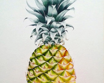 May include: A watercolor painting of a pineapple with green leaves and a yellow and green fruit. The pineapple is depicted in a realistic style.