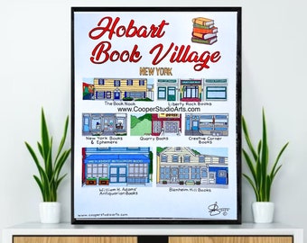 ORIGINAL - Hobart Book Village Hand Drawn Wall Art Poster - PRINT - 11”x14” | Catskills Art | Book Art | Ontario | Minimalist