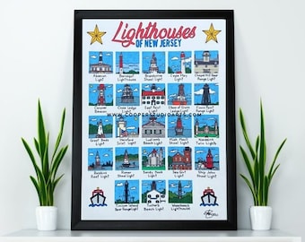 Lighthouses of New Jersey - Hand Drawn 11"x14" PRINT | Beacon | Lighthouse | Ocean | NJ | New Jersey | Nautical | Sea | Housewarming Gift