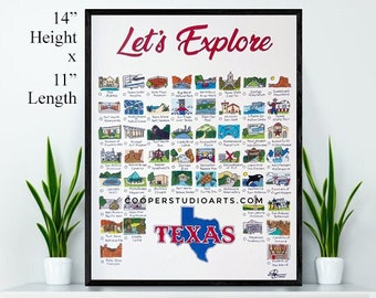 May include: A black framed poster with a white background and colorful illustrations of landmarks in Texas. The poster is titled "Let's Explore Texas" and includes the website "COOPERSTUDIOARTS.COM". The poster measures 14 inches in height and 11 inches in length.