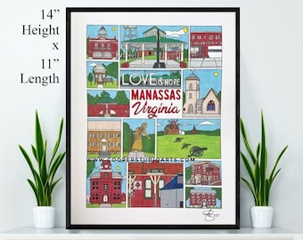 Manassas Virginia Hand Drawn Wall Art - 11”x14” - PRINT | Virginia Art | Wedding Gift | Minimalist | Historic Art | Historical