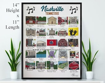 May include: A colorful illustrated print of landmarks in Nashville, Tennessee. The print features 25 different illustrations of buildings, parks, and other points of interest. The print is framed in black and measures 14 inches by 11 inches.