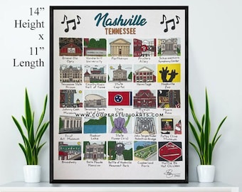 Nashville Tennessee Hand Drawn Wall Art - 11”x14” - PRINT | TN Art | Tennessee Art | Country Music | Wedding Gift | Minimalist