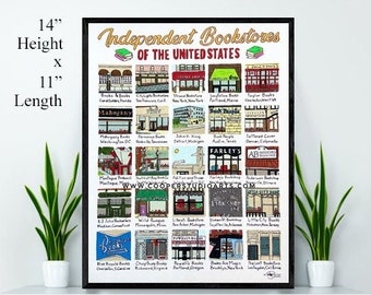 SO MANY BOOKSHOPS Art Print, Independent Bookstores Print of the U.S. Wall Art, Bookish Gifts, Bookworm, Bookseller, Reading Nook Wall Art