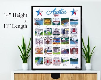 Austin Texas Hand Drawn Wall Art  - 11”x14” - PRINT | City Art | Wedding | Minimalist