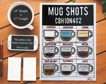 Coffee Mug Shots - 11" x 14" - PRINT | Coffee Guide | Coffee Gifts | Coffee Lover | Kitchen Art | Caffeine Addict | Latte | Frappe