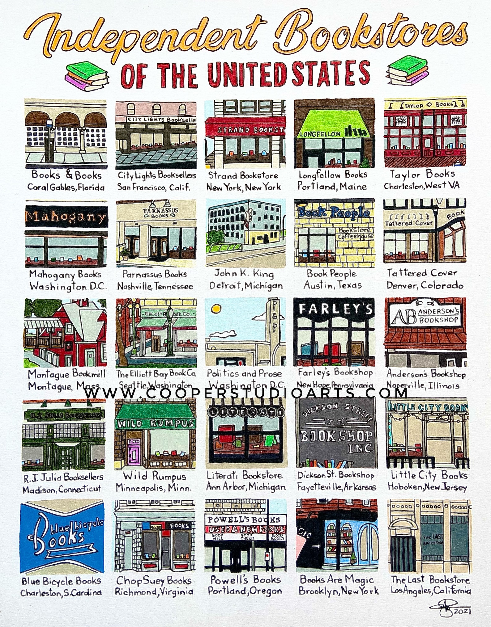 Illustrated grid of independent bookstores across the U.S., each with unique facades and names, such as Strand, Powell's, and City Lights. Vibrant and nostalgic.