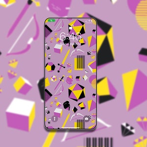 May include: A smartphone screen displaying a purple and yellow geometric pattern. The time is 6:46 and the date is Sunday, 14 March.