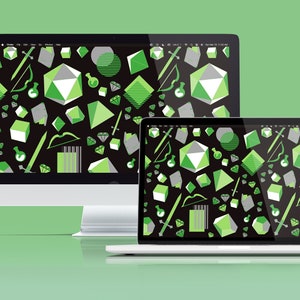 May include: A desktop computer and a laptop computer both display a black background with a repeating pattern of green and gray geometric shapes, including diamonds, swords, bows and arrows, and potion bottles.