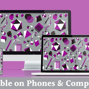 K&ouml;nnte beinhalten: Ein geometrisches Tapetenmuster mit einem sich wiederholenden Muster aus violetten, schwarzen und wei&szlig;en geometrischen Formen auf grauem Hintergrund. Das Design ist auf einem Telefon-, Laptop- und Desktop-Bildschirm zu sehen.
