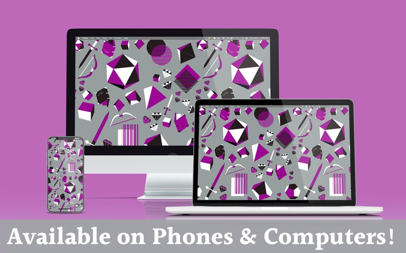 K&ouml;nnte beinhalten: Ein geometrisches Tapetenmuster mit einem sich wiederholenden Muster aus violetten, schwarzen und wei&szlig;en geometrischen Formen auf grauem Hintergrund. Das Design ist auf einem Telefon-, Laptop- und Desktop-Bildschirm zu sehen.
