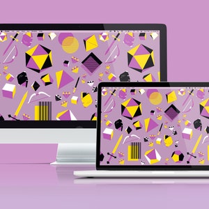 Könnte beinhalten: Zwei Apple-Computer, ein Desktop und ein Laptop, die beide einen violetten Hintergrund mit einem sich wiederholenden Muster aus gelben, schwarzen und weißen geometrischen Formen anzeigen.