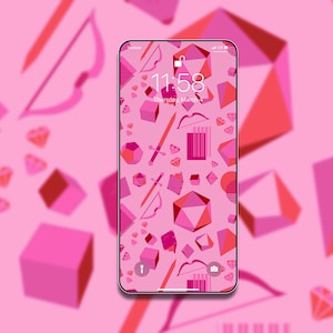 May include: A pink and red geometric pattern phone wallpaper with a digital clock displaying 11:58 and the date Thursday, March 1.