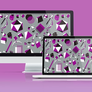 K&ouml;nnte beinhalten: Ein Desktop-Computer und ein Laptop-Computer zeigen beide eine geometrische Muster-Tapete mit lila, schwarzen und wei&szlig;en Formen auf grauem Hintergrund.
