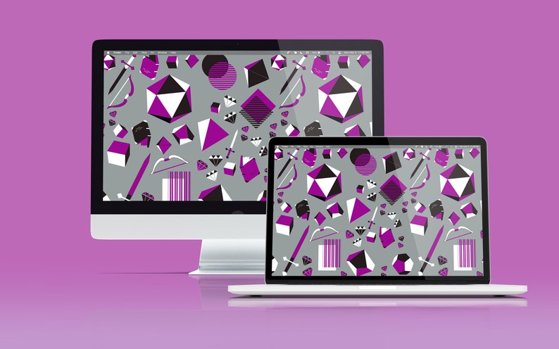 K&ouml;nnte beinhalten: Ein Desktop-Computer und ein Laptop-Computer zeigen beide eine geometrische Muster-Tapete mit lila, schwarzen und wei&szlig;en Formen auf grauem Hintergrund.
