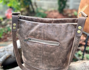 Brown Leather Hobo Bag, Zip Top Leather Shoulder Bag, Ladies Brown Leather Bucket Bag, Ladies Bags, Anniversary  Gift Her, Third Anniversary