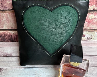 Black Leather Ladies Bag with Heart Motif Valentine's Gift for Girlfriend Ladies Bag Black Leather 3rd Anniversary Gifts for her