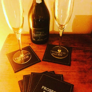 Leather Drinks Mat|Leather Coaster|Prosecco Lovers Gift|Stocking Fillers|Leather Gift Her|Third Anniversary|Prosecco Gift|Drinks Coasters