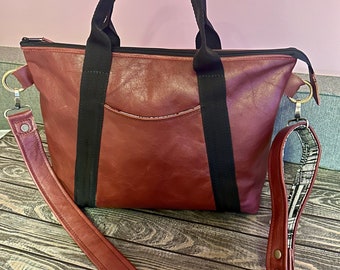 Ladies Cherry Red Leather Handbag Holdall with  Zip top fastening for Travel, Commuting or Laptop,Leather Anniversary Gift for Her.