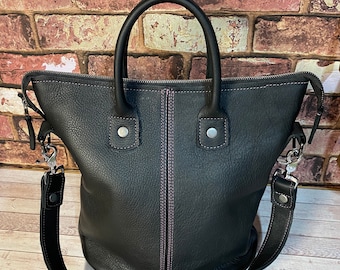 Handmade Black Leather Shoulder Bag, Panama Cowhide, Top Handle