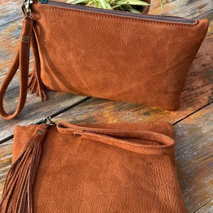 Leather Clutch Bag, Brown Suede Leather Handbag, Women&#39;s Bags, Tan Brown Suede Leather Clutch Wristlet Purse, Ladies 3rd Anniversary Gift.