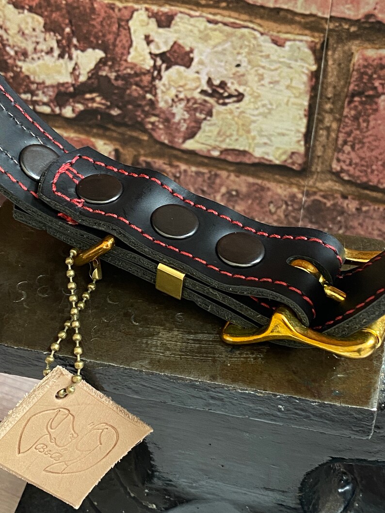 May include: Black leather dog collar with red stitching and brass hardware. The collar has a chain attached to a leather tag with a dog illustration and the text "Bell".