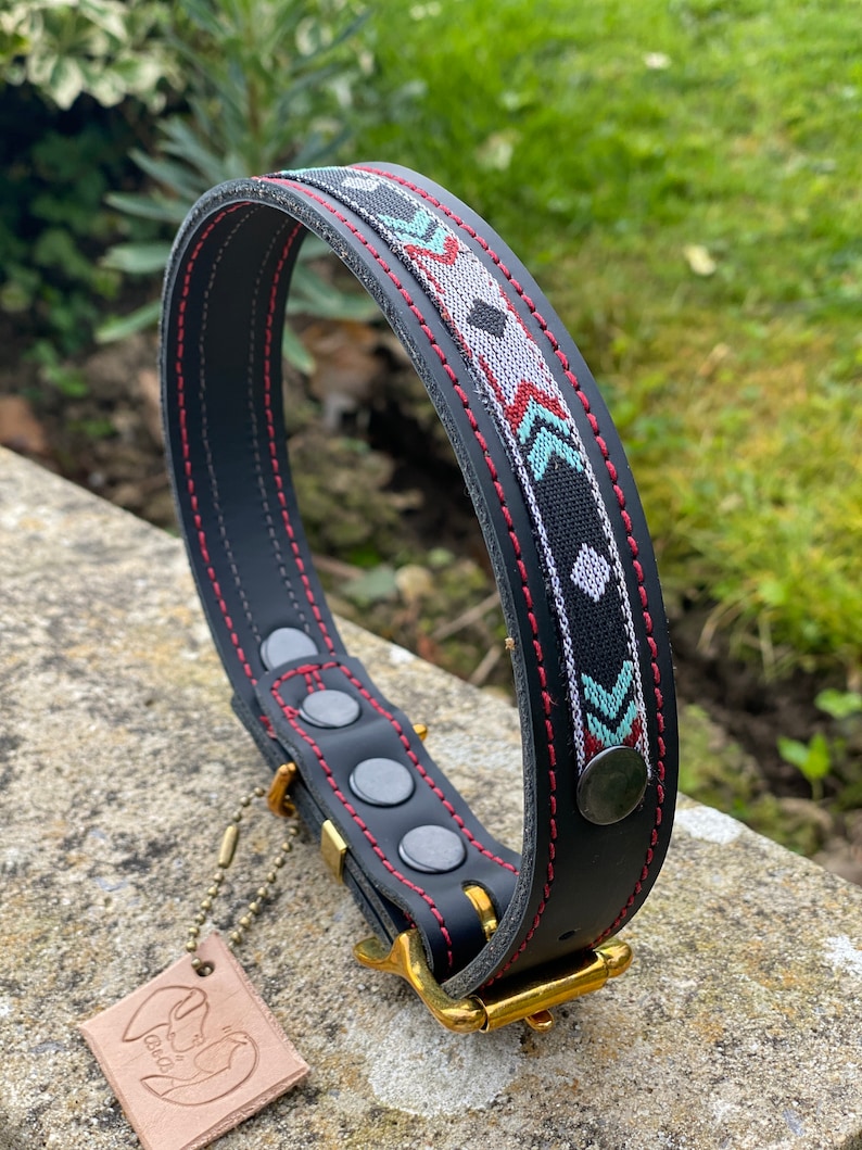 May include: Black leather dog collar with red stitching and a geometric pattern in turquoise, gray, and red. The collar has a brass buckle and a tag that says "Coco".