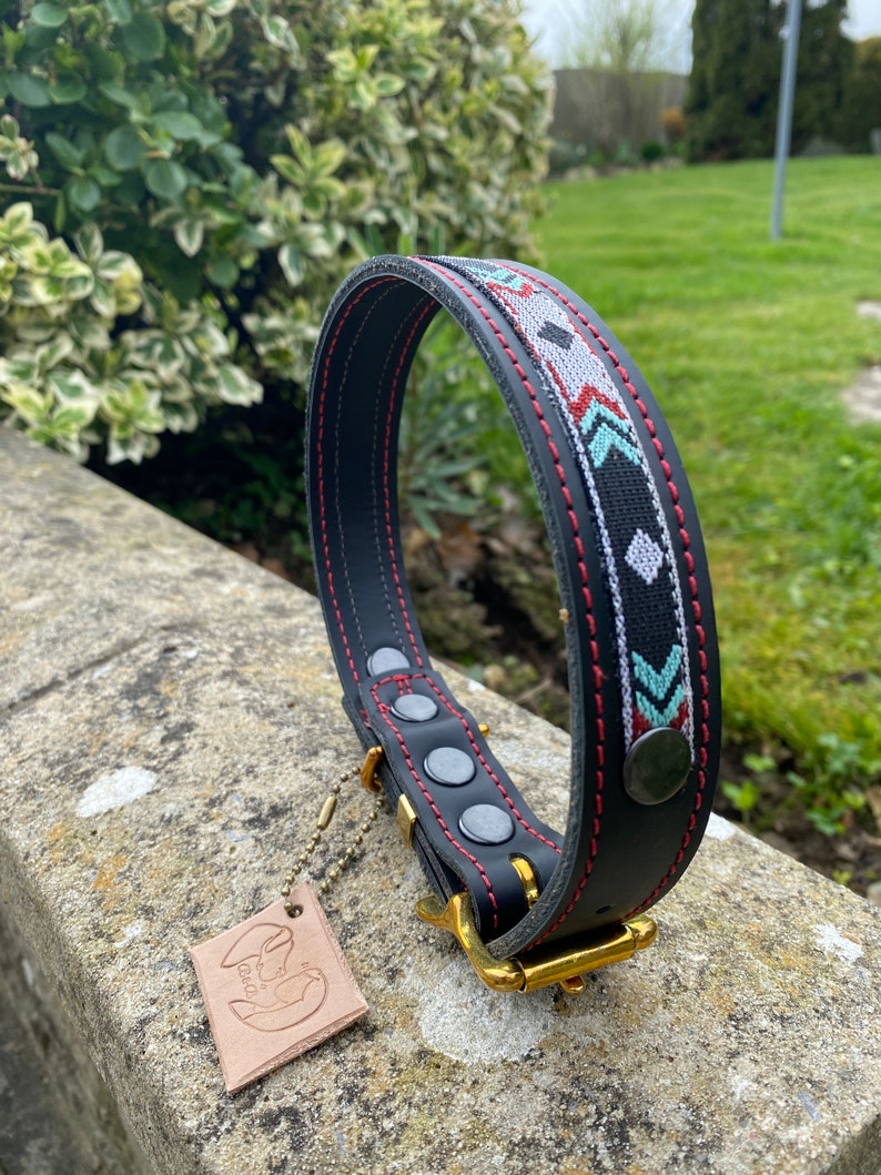 May include: Black leather dog collar with red stitching and a colorful geometric pattern. The collar has a gold metal buckle and a leather tag with the word "Lucky" on it.