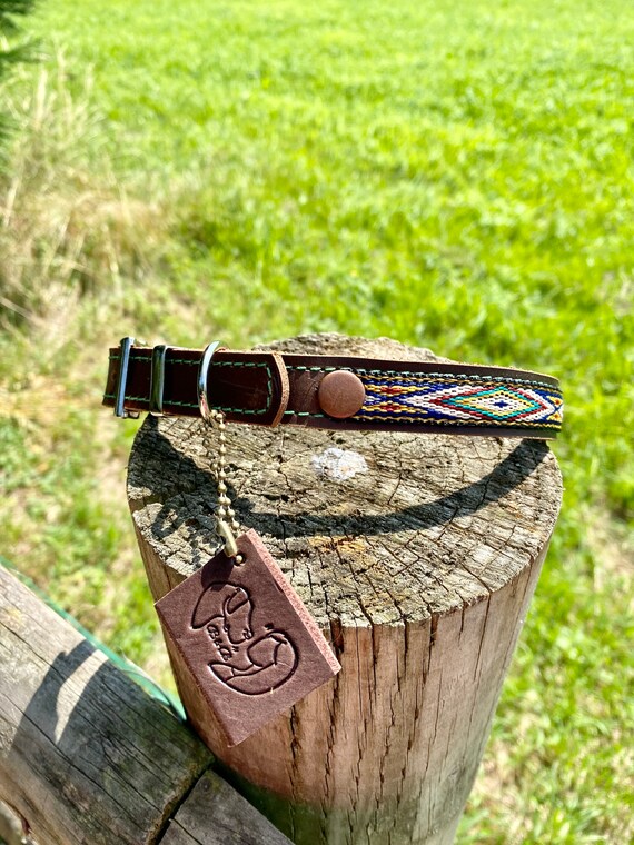 Leather Dog Collar Native American Dog Collar Brown Leather Collar for Dog Tribal Design Aztec Print Collar Three Quarter Inch Collar Etsy