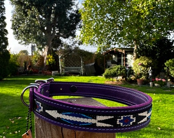Handmade Purple Leather Dog Collar | Native American Design