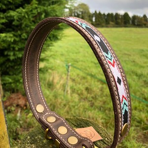 May include: Brown leather dog collar with a white, black, red and green geometric pattern. The collar has brass hardware and four brass rivets.