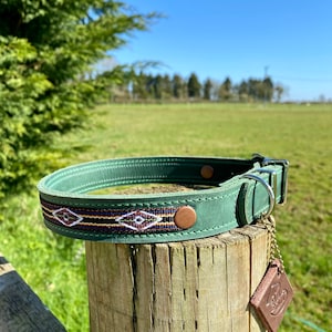 Leather Dog Collar|Handmade Dog Collar|Distressed Leather Collar|Leather Collar for Dog|Native American Dog Collar|Green Leather Dog Collar