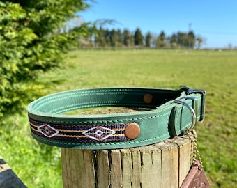 Leather Dog Collar|Handmade Dog Collar|Distressed Leather Collar|Leather Collar for Dog|Native American Dog Collar|Green Leather Dog Collar