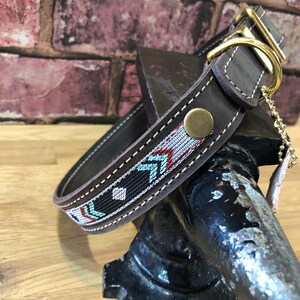 May include: A brown leather dog collar with a geometric patterned fabric insert. The collar has a brass buckle and D-ring.