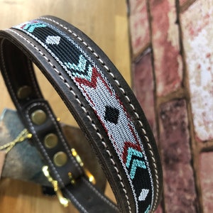 May include: A brown leather dog collar with a black, white, red and turquoise geometric patterned trim. The collar has a gold metal buckle and two gold metal D-rings.