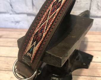 Handmade Distressed Brown Leather Dog Collar, Tribal Webbing