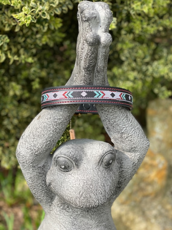 Distressed Leather Dog Collar, Tribal Print, Handmade Brass Buckle