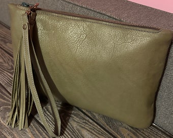 Sage Green Ladies Handmade  Soft Leather Clutch Bag with Zipped top fully lined with interior pocket and wristlet strap & Tassel