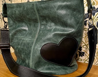 Green Leather Ladies Zip top slouchy Hobo style bag  with Heart Motif for Leather Anniversary or Valentines gift made from recycled Leather
