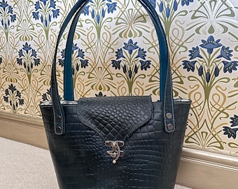 Petrol Blue Leather Ladies Handbag, Blue Leather Tote Bag, Crocodile Effect Leather Shoulder Bag, Women's Leather Bag Blue, Luxury Handbag