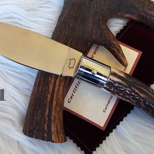 SARDINIAN ARTISAN KNIFE for the bench, deer horn handle, 11 cm blade with file workmanship, with certificate, free case