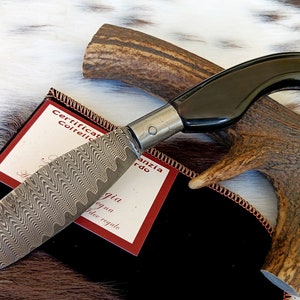 ARTISAN SARDINIAN KNIFE Arburese, large skinning blade, Damascus steel blade, buffalo horn handle, with certificate and sheath