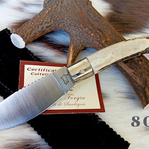 HANDCRAFTED SARDINIAN KNIFE with wide blade, deer horn handle, 11 cm blade, with certificate and free sheath, gift idea