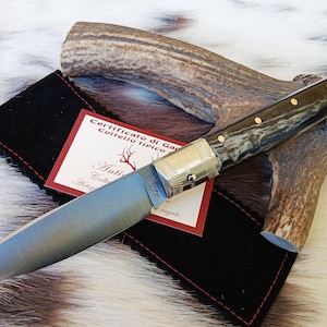 SARDINIAN ARTISAN KNIFE pattadese blade 12 cm, handle in striped ram horn with steel core, + warranty certificate and sheath